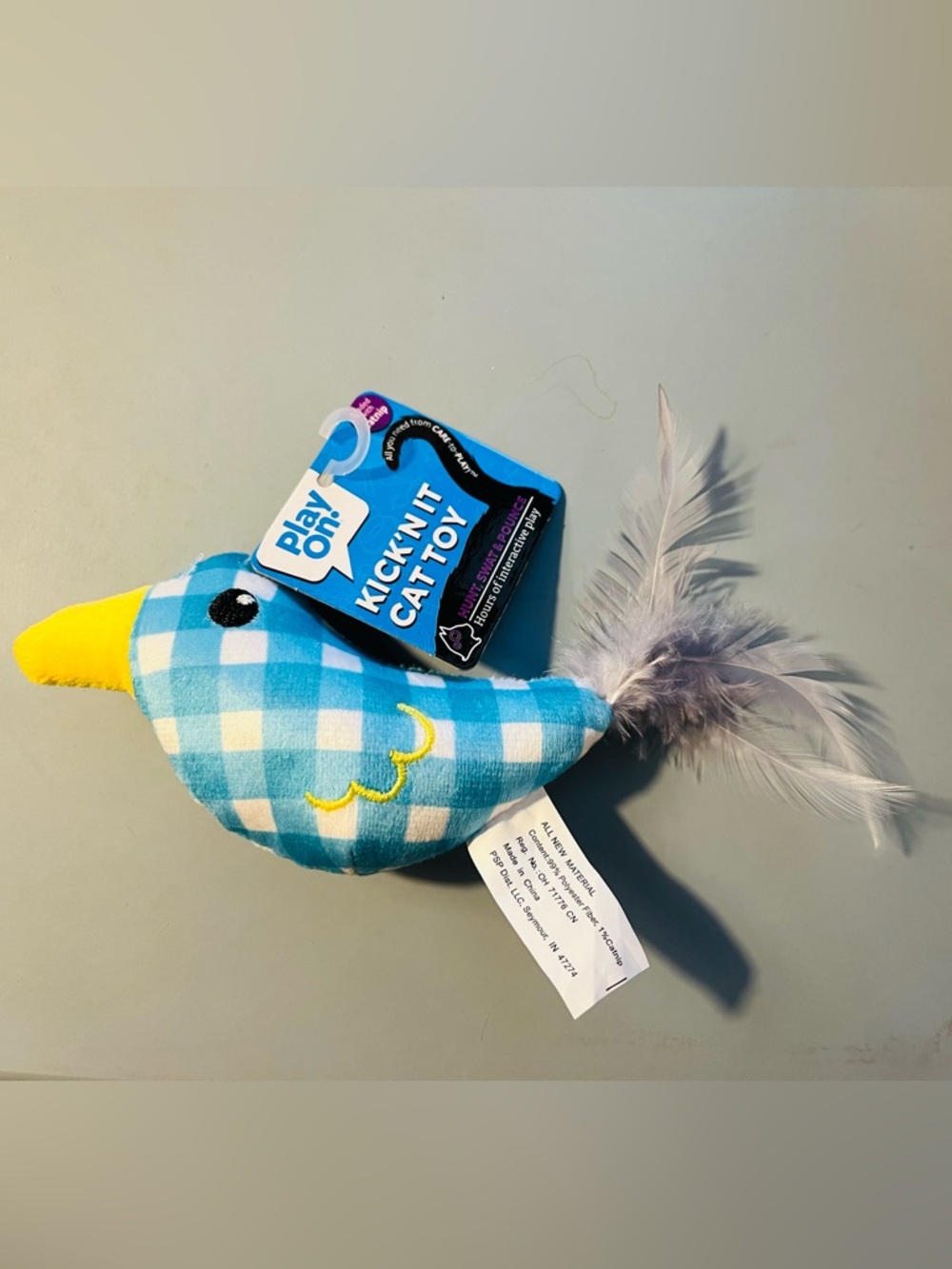 NWT Play On! Kick-N-It Cat Toy - Blue Plaid with Feather Tail